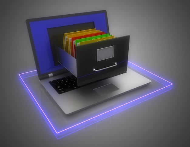 Data storage. laptop and file cabinet. 3d illustration