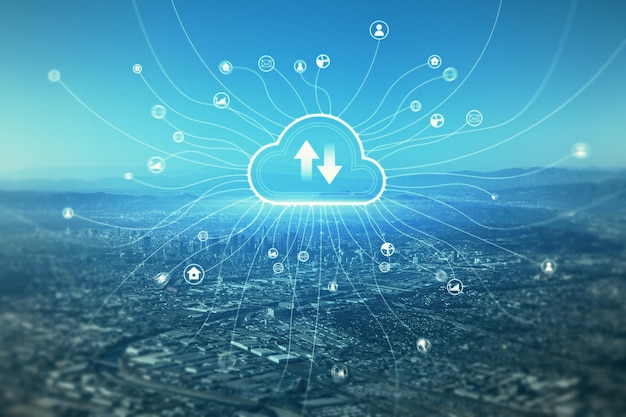 Data storage smart city and cloud technologies concept with\
digital social networking internet icons connected with cloud sign\
with oppositely directed arrows above city landscape