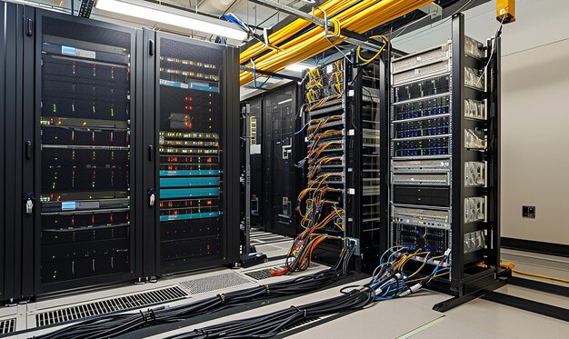 Data Symphony Neatly Arranged Server Room with Racks and Cables