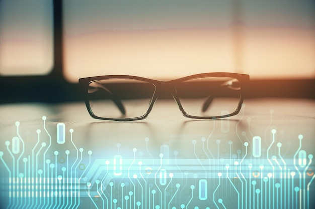 data tech hologram with glasses on the table background concept of technology double exposure
