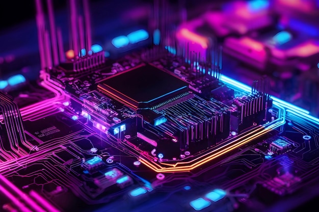 Photo data technology cyberspace motherboard with neon lights