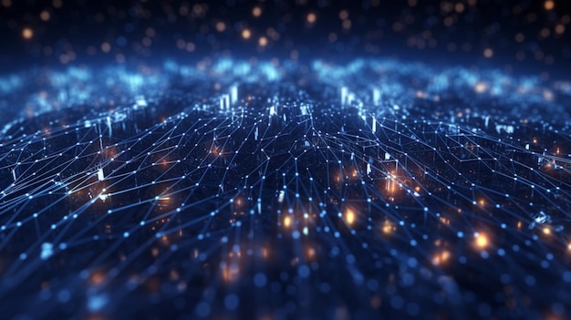 Data technology futuristic ilustration with a line of bright particles The network of dots connected by lines creates an abstract digital background in hyperealistic