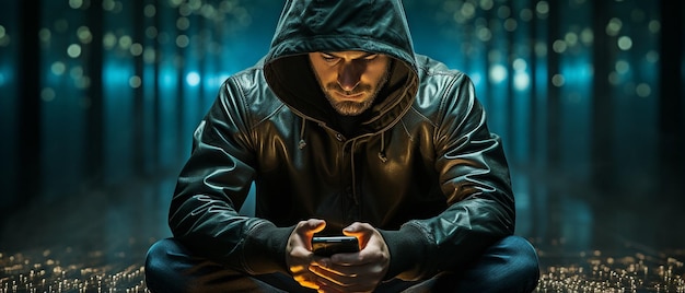 Data theft by a hooded hacker using a mobile phone