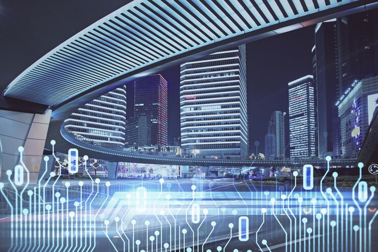 Data theme hologram drawing on city view with skyscrapers background multi exposure Bigdata concept
