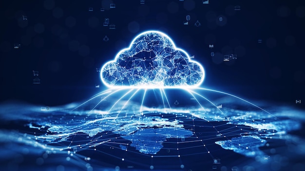 Concetto di tecnologia di cloud computing per il trasferimento dei dati al centro è presente una grande icona cloud prominente