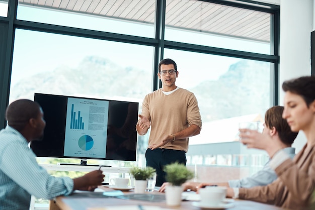 Data zakenmensen en groep presentatie op monitor voor training creatieve of analyse Team spreker en manager op het scherm met financiën statistieken winst kpi of nieuws verkoop met journalist in startup