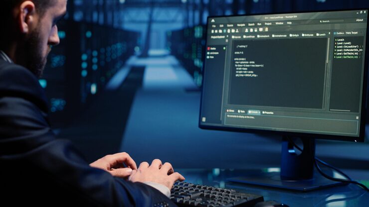 Photo database admin checking mainframe system on computer in data center, working with security protection for hosting server. it administrator activating hardware system in cyberspace. handheld shot.