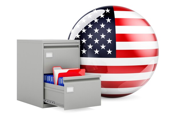 Database in het concept van de VS Mappen in de archiefkast met de vlag van de Verenigde Staten 3D-weergave geïsoleerd op witte achtergrond