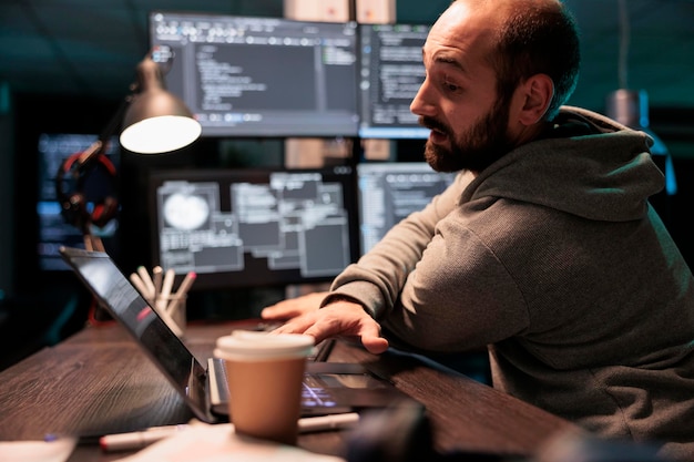 Database programmer writing code on multiple screens displaying artificial intelligence algorithm late at night. Programming online cloud computing on monitors to develop new html script.