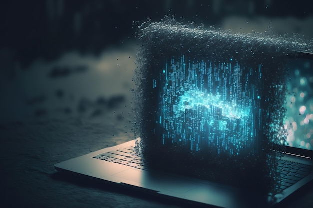 database and programming concept with a double exposure of an inventive abstract binary code hologram on a laptop