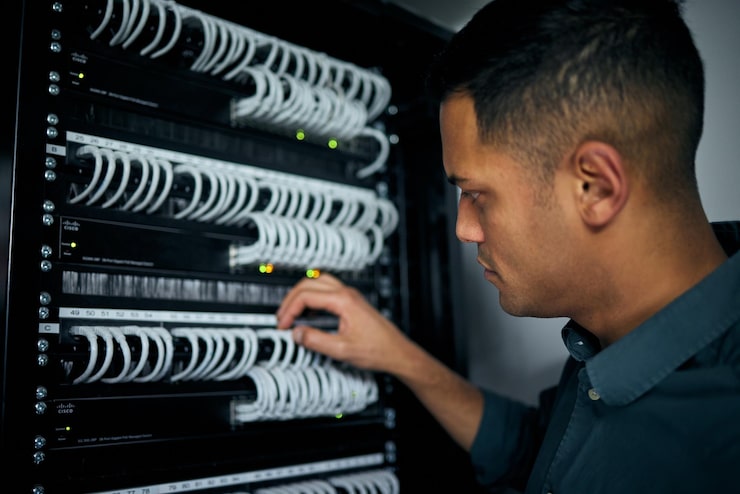 Photo database server room and engineer with man for maintenance programmer and cyber security technology developer and it solution with closeup of person for cloud computing coding and software