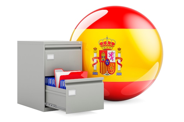 База данных в Испании концепция папки в файловом шкафу с испанским флагом 3D рендеринг изолирован на белом фоне