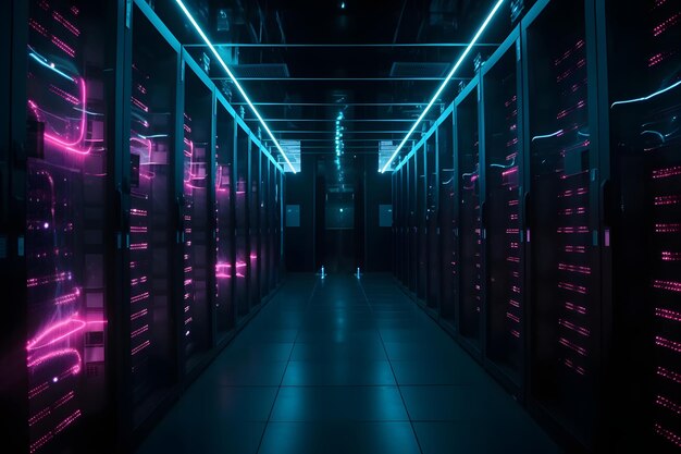Datacenter met meerdere rijen volledig operationele servers in cyaan-paarse kleuren Neuraal netwerk gegenereerd in mei 2023 Niet gebaseerd op een werkelijke scène of patroon
