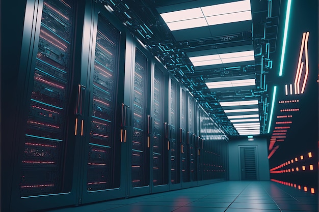 Datacentercomputers grote faciliteit met servers opslagoplossing Generative Ai