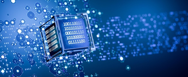 Dataopslag Kunstmatige intelligentie Abstract technische achtergrond Database Big data Binary code Hacker aanval Quantum computer Computer code Digitale technologie AI 3D rendering