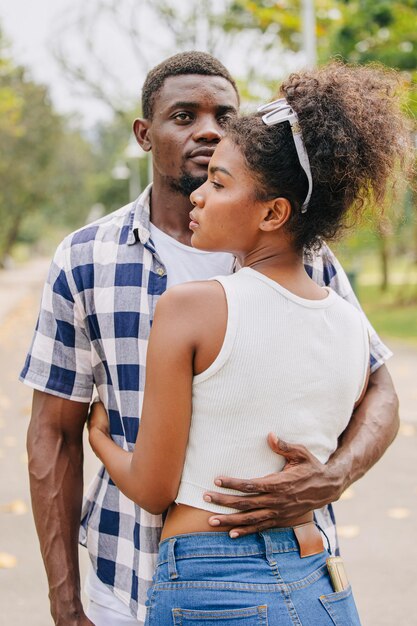 Photo date couple man and women valentine day african black lover at park outdoors summer season