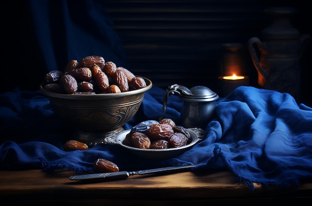 ラマダンの灰色のイフタール食事の背景にある青銅の皿にの果物またはクルマを生成するAI