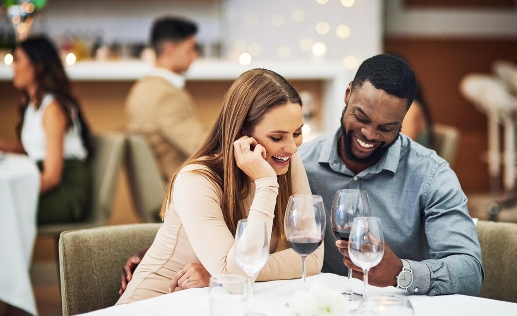 Premium Photo Date Laughing And Interracial Couple With Wine In Fine Dining Luxury Restaurant