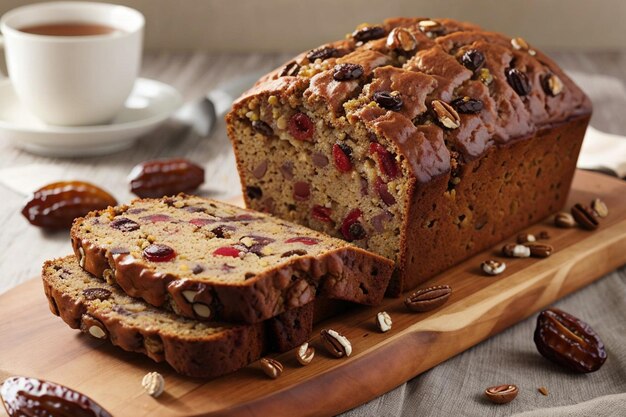 Date nut bread on wooden board for brackfast