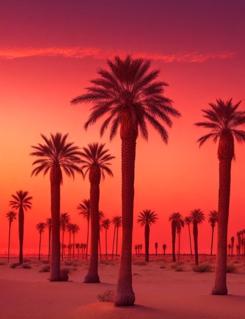 Date Palms Tree in Desert with Red Sky