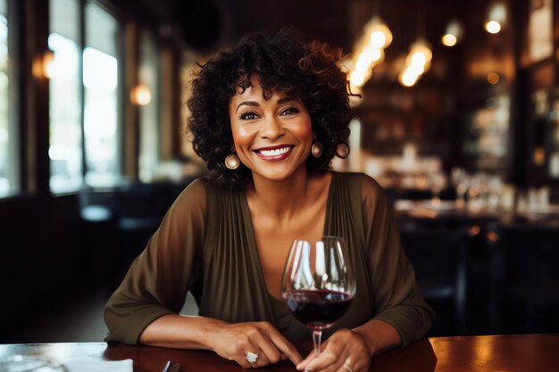 Date Smiling middle aged African American woman on date in an expensive restaurant looking at you A romantic moment at a restaurant