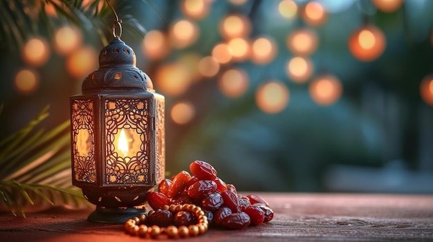 Dates arabian lantern and rosary Islamic holidays concept Ramadan decoration