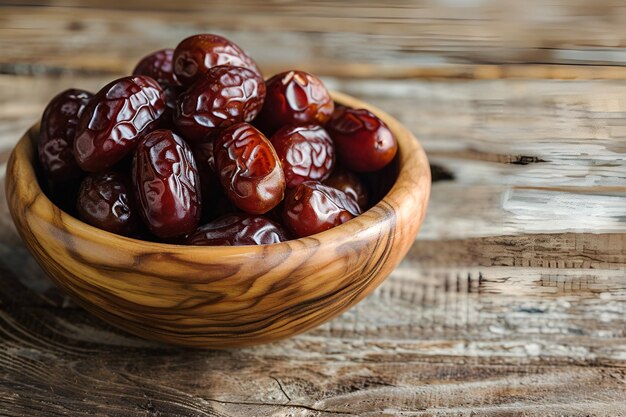 Dates in a bowl atop a wooden table