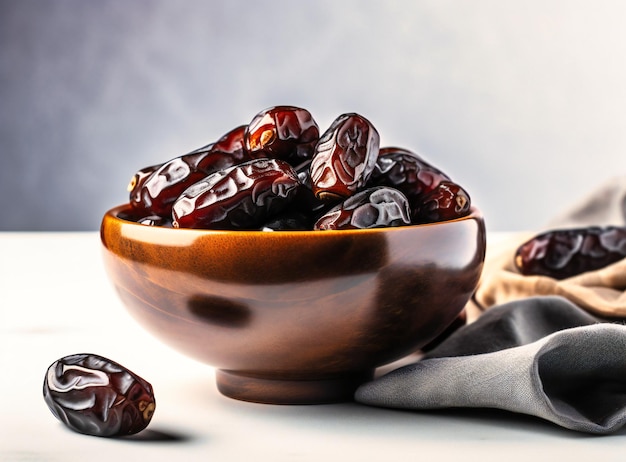 Dates in a bowl on a white background