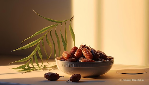 dates in a bowl with leaves in the style of cleanlined