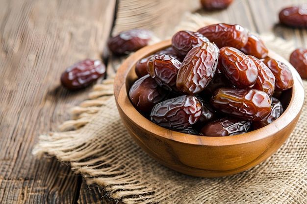 Dates in a bowl on a wooden table