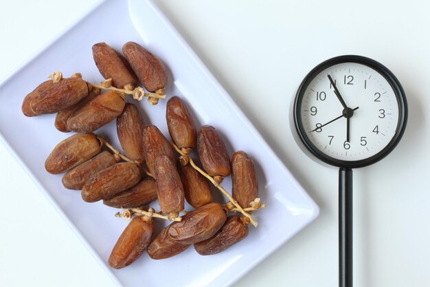 Photo dates for breakfasting and clock at 1755 ramadan fasting month concept