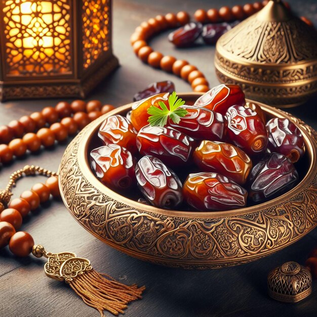 Dates in a decorative golden bowl with Islamic rosary Beautiful Ramadhan greetings background