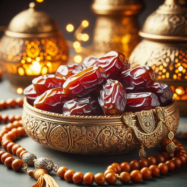 Dates in a decorative golden bowl with Islamic rosary Beautiful Ramadhan greetings background