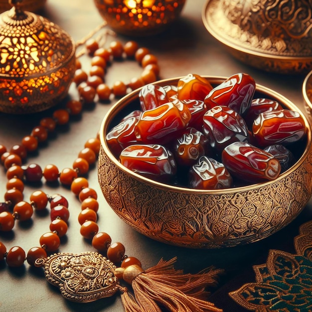 Photo dates in a decorative golden bowl with islamic rosary beautiful ramadhan greetings background