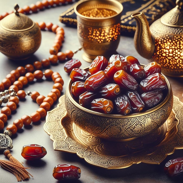 Photo dates in a decorative golden bowl with islamic rosary beautiful ramadhan greetings background