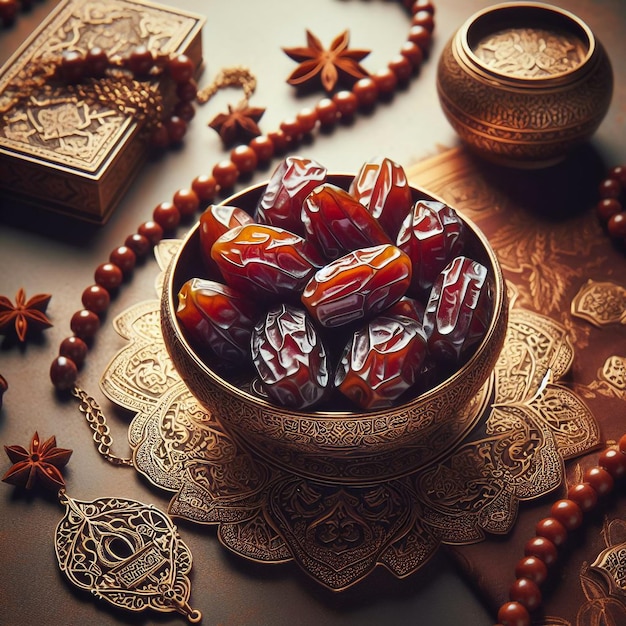 Photo dates in a decorative golden bowl with islamic rosary beautiful ramadhan greetings background