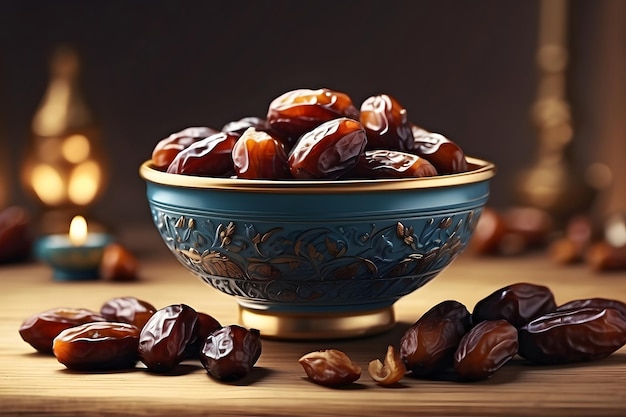 dates fruit in luxury bowl in the wooden table