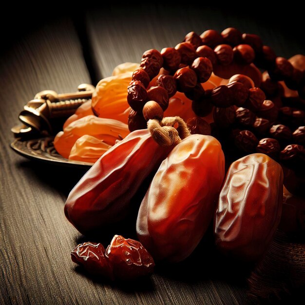 Dates fruit and rosary still life on a dark wooden background