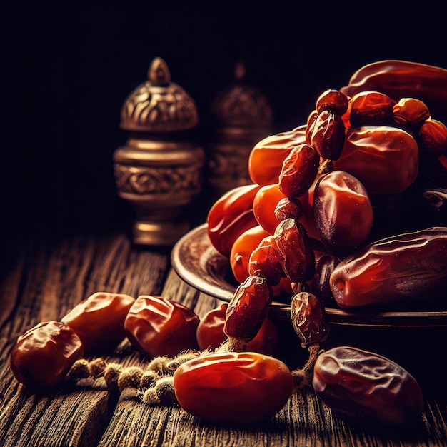 Dates fruit and rosary still life on a dark wooden background