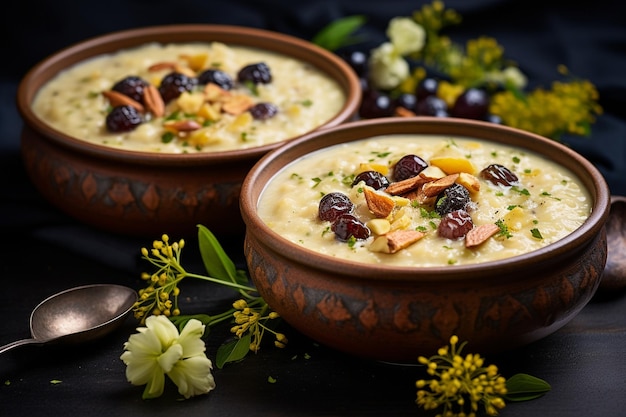 Photo dates fruit in a traditional indian sweet dish like kheer