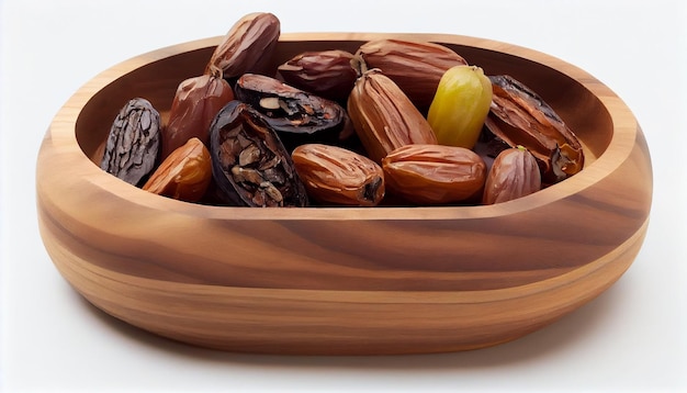 Dates fruit in wooden bowl isolated on white background with clipping pathgenerative ai