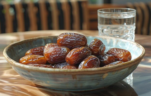 Dates and a glass of water in a bowl on a table dates and water photo