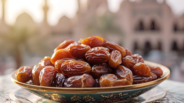 アラビア風の金属の皿に日付をモスクの背景にラマダンの食べ物
