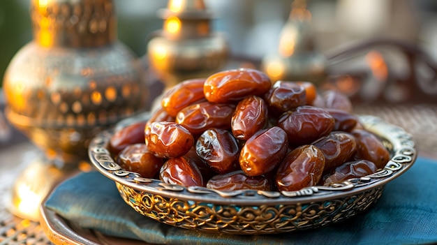 Dates on a metal plate in Arabic style Ramadan cuisine