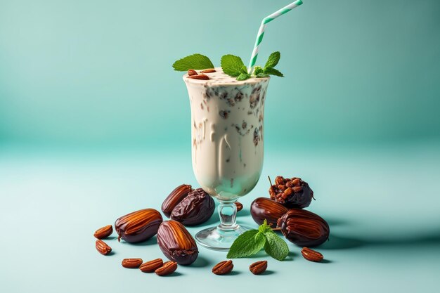 Dates in a milkshake on a light table