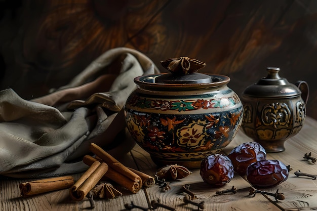 dates in an old style decorative bowl and cinnamon pot