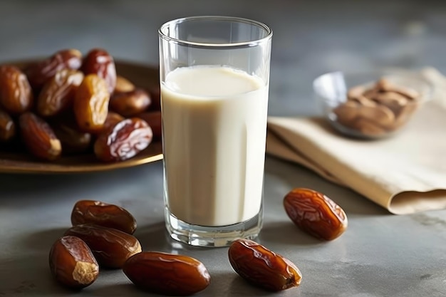 dates palm with a glass of milk in kitchen table professional advertising food photography