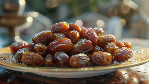 Photo dates in the plate close up view natural fruit for iftar dinner