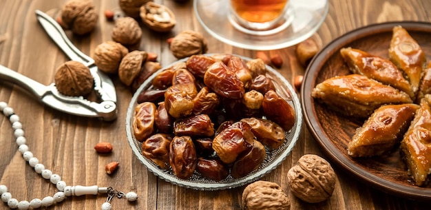 Dates rosaries and baklava Ramadan Selective focus