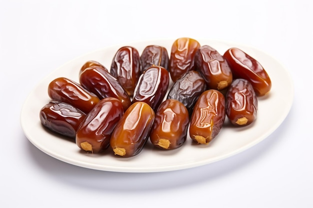 dates on a white plate isolated on white